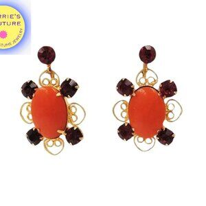 Vintage 1960s Goldtone Filigree Faux-Carnelian & Faux-Ruby Drop Clip Earrings